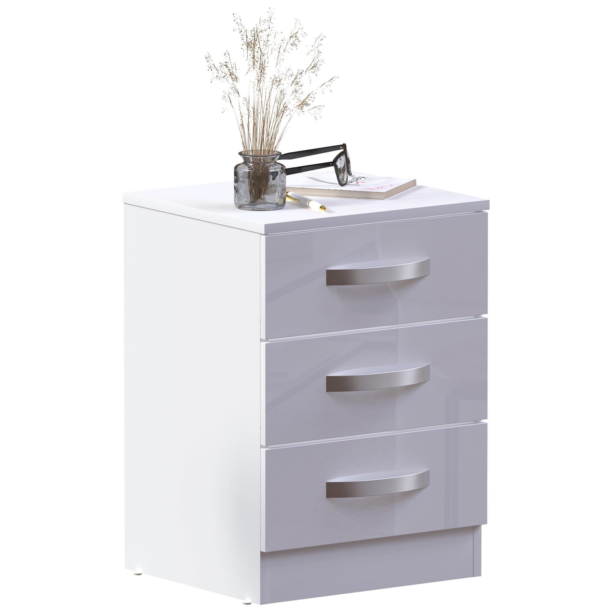 Vida Designs High Gloss 3 Drawer Bedside Rectangular Nightstand Cabinet, White, 36 cm D x 40 cm W x 56 cm H