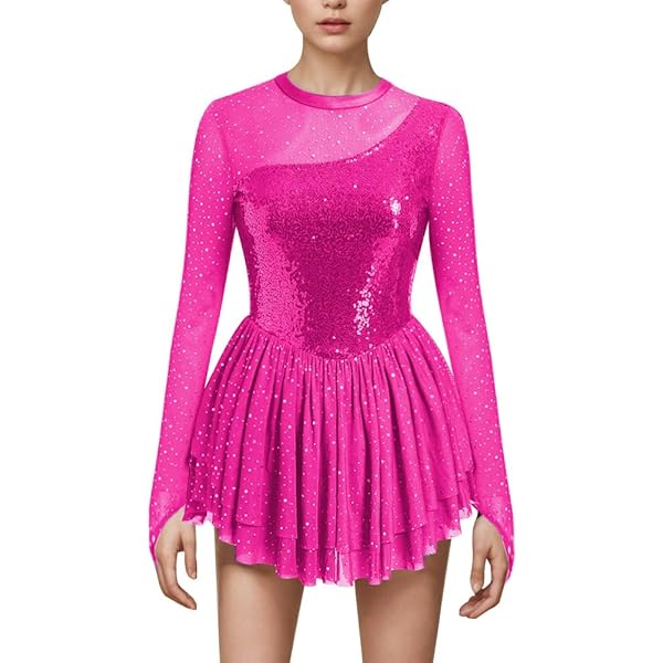 Women's Rhinestone Figure Skating Dress - Long Sleeve Mesh Dancewear For Performances