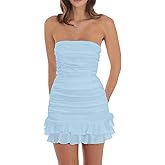 Mizoci Women's Sexy Tube Top Bodycon Mini Dress Strapless Ruffle Bow Back Ruched Party Short Dresses