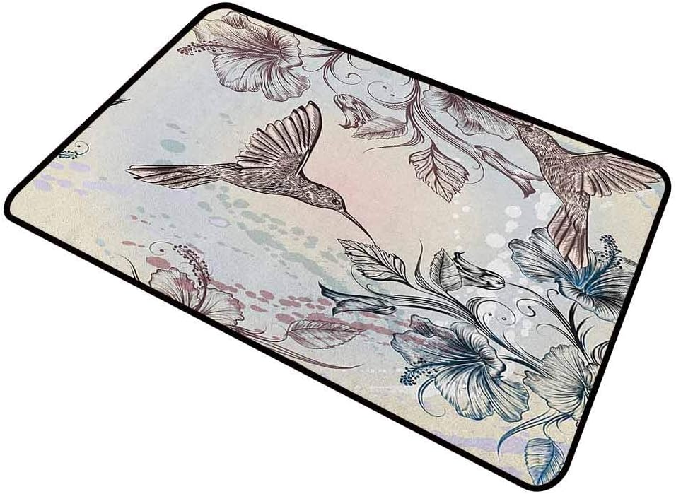 shirlyhome Door Mat Hummingbird Humorous Personality Birds and Hibiscus Flowers Nostalgia Antique Artistic Design Classical Print 24"x47" Teal Brown