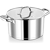 P&P CHEF 8 Quarts Cooking Stock Pot with Lid, Stainless Steel Stockpot Induction Pot for Soup, Tri-Ply Bottom & Clear Glass Lid & Double Handle, Dishwasher Safe