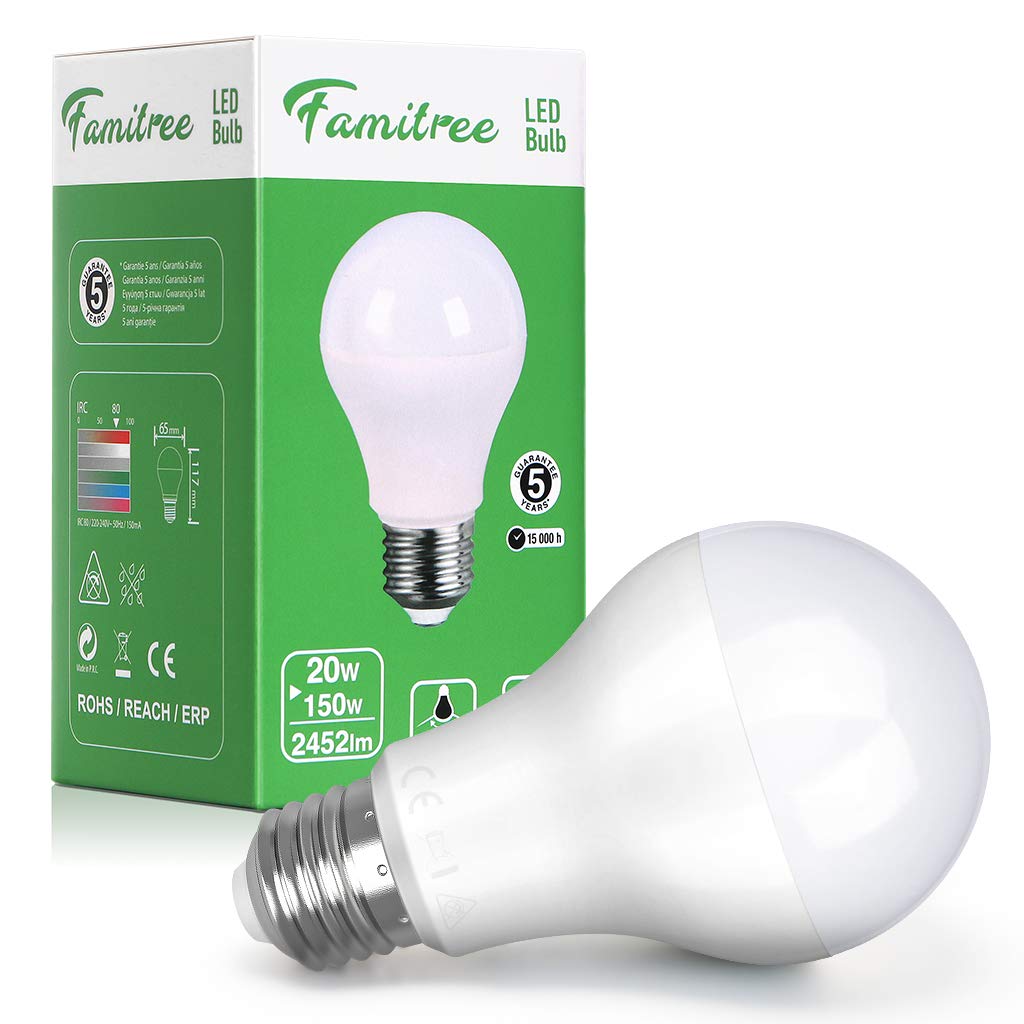 Famitree LED E27 Edison Screw Bulb, 20W (Equivalent to 150W), Warm White, 2452lm, Non Dimmable - Pack of 1