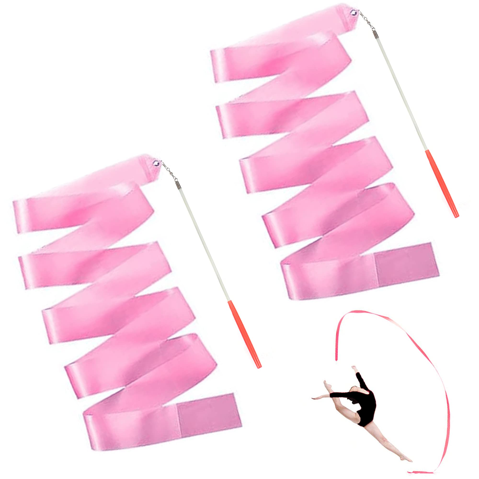 Hayaww 2 Pcs Streamer Rhythmic Dance Ribbon Gymnastics Artistic Dance Tape Gymnastics Rhythmic Stick Twirling Rhythmic Band, 2 m, for Rhythmic Gymnastics, Dance Pole (Pink)