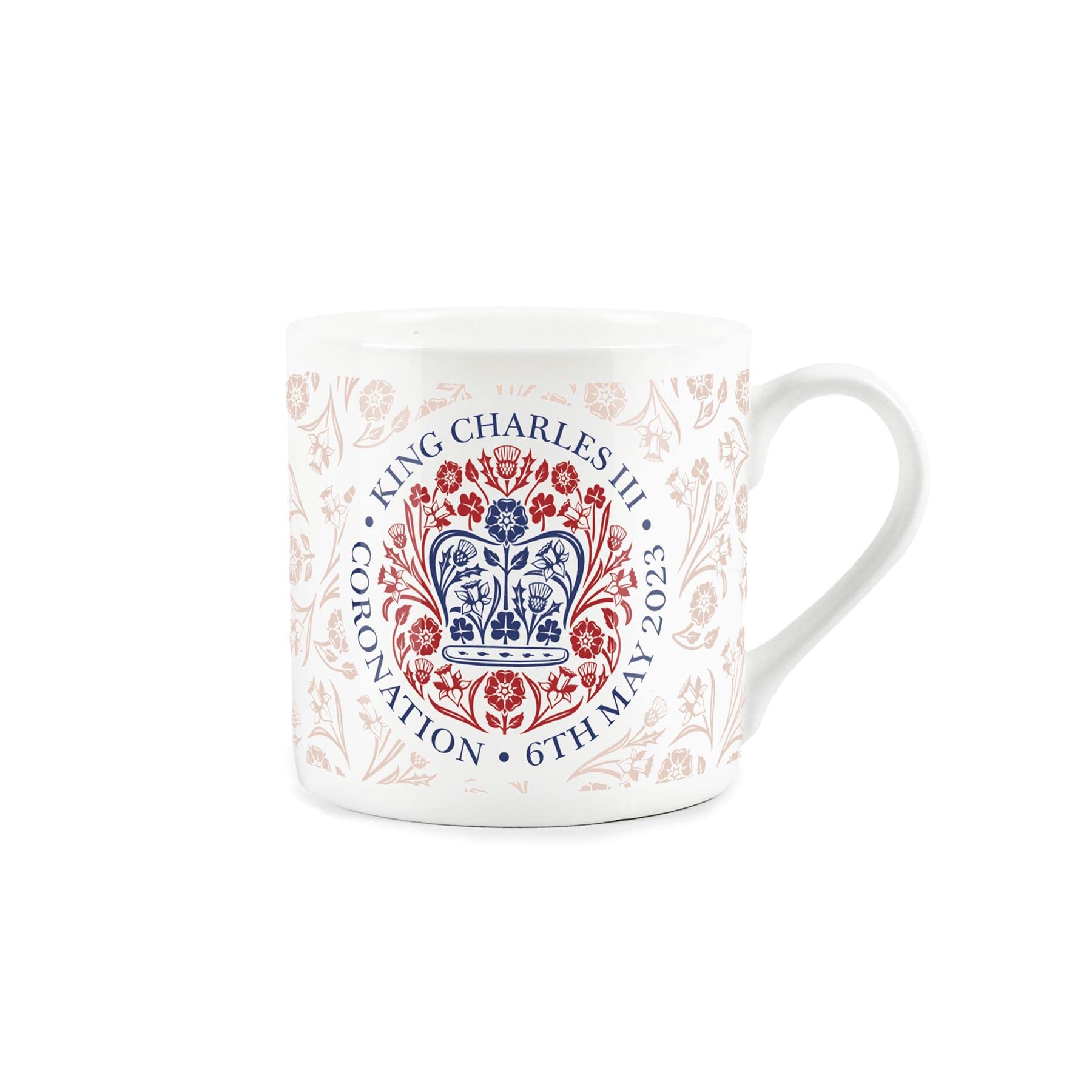 Purely Home King Charles III Coronation Design Mug - Fine Bone China White and Pink Commemorative Mug Official Emblem Coffee/Tea Gift