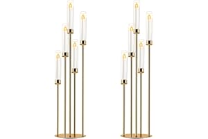 SIMPREFINE Candelabra Gold Centerpiece 5 Arms Taper Candle Holder Gold Centerpiece with Acrylic Tubes for Table Decoration Wedding Event Party Aisle Stage Home Decor (2, L)