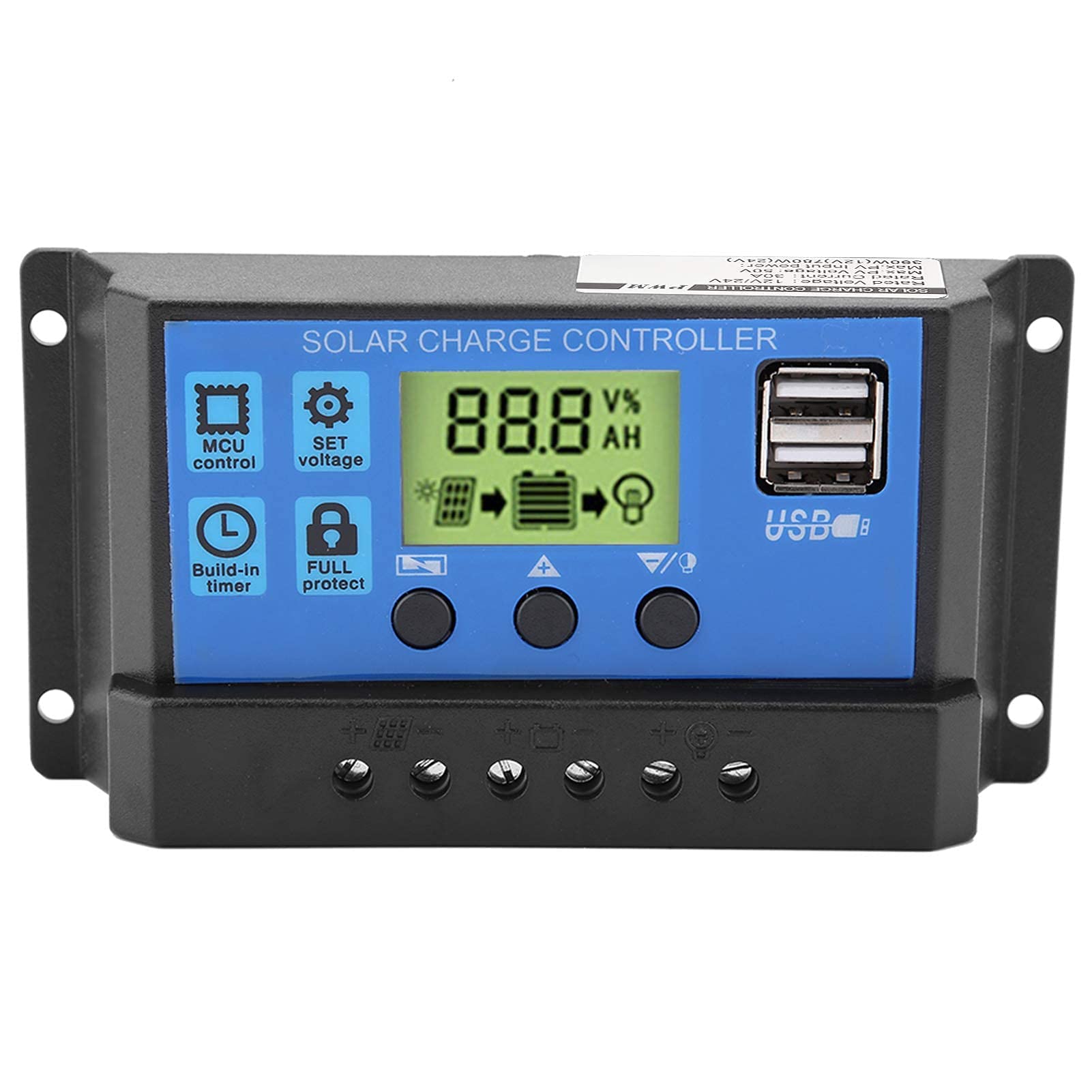 Solar Controller PWM Solar Power Controller12V 24V Dual USB Solar Panel Regulator with LCD Display for Campervan (YJSS-30A)