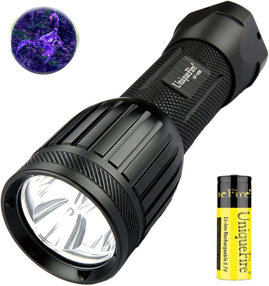 UniqueFire 1408 UV 365NM Black Light Flashlight with 18650 Battery LED Lamp Torch 1 Mode Detecting Counterfeit Money, Spot Scorpions, Bed Bugs Pet Urine Detector Oil Leak Detection