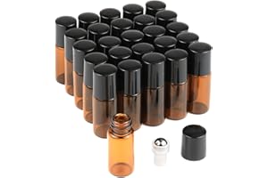 Wresty 25 Pcs Essential Oil Glass Roller Bottles Mini Tiny Refillable Empty Aromatherapy Perfume Liquid Amber Glass Roll On Bottles Vials Metal Rollerball Bottles Jar (3ml)