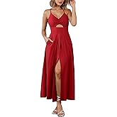 BTFBM Women 2026 Spaghetti Strap Midi Summer Dresses Sleeveless V Neck Cutout Slit Casual Beach Party Maxi Dress Pockets