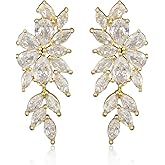 Women's Cubic Zirconia Wedding Earrings - 14k Plated Sterling Silver Bridal Crystal CZ Cluster Floral Flower Dangle Drop Earring for Bride Bridesmaids Party Prom Girls Costume Jewelry
