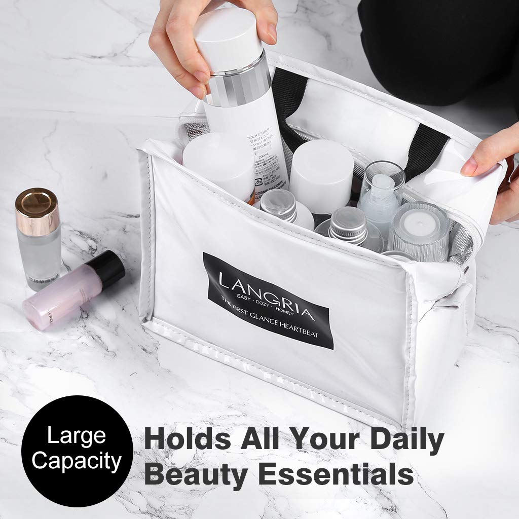 LANGRIA Travel Makeup Train Bag Makeup Cosmetic bag Portable Waterproof Make Up Storage Bag Insulated (White-S)