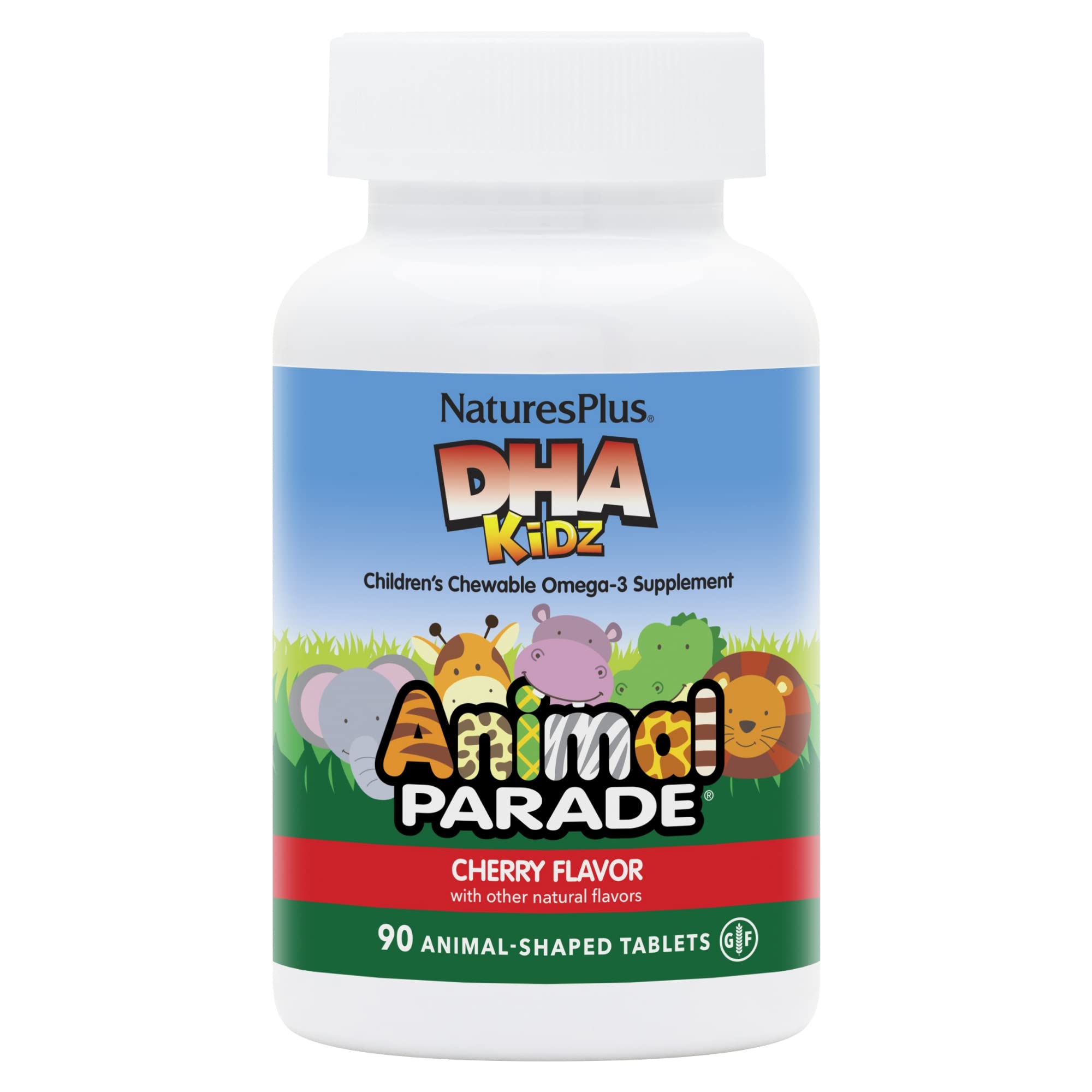 Natures Plus Animal Parade DHA Children's Chewables - Natural Cherry Flavor - 90 Chewable Animal-Shaped Tablets - Omega 3 Fatty Acid Supplement - Gluten Free - 30 Servings