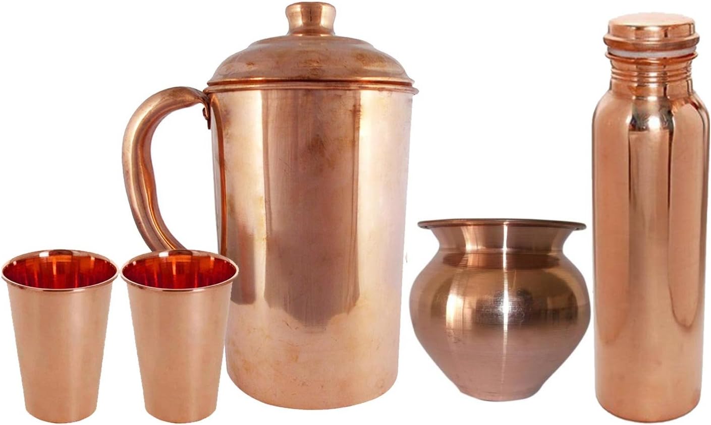 Set of 1 Copper Kalash, 1 Jug, 1 Bottle with 2 Glasses Indian Handmade Drinkware Accessories Pitcher Religious Lota Thermos Traditional Pitcher Ayurvedic Health Benefits Tableware
