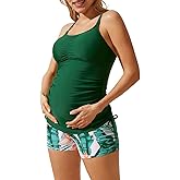 Maacie Maternity Athletic Tankini Swimsuits Two Piece Floral Print Ruched Tops with Shorts
