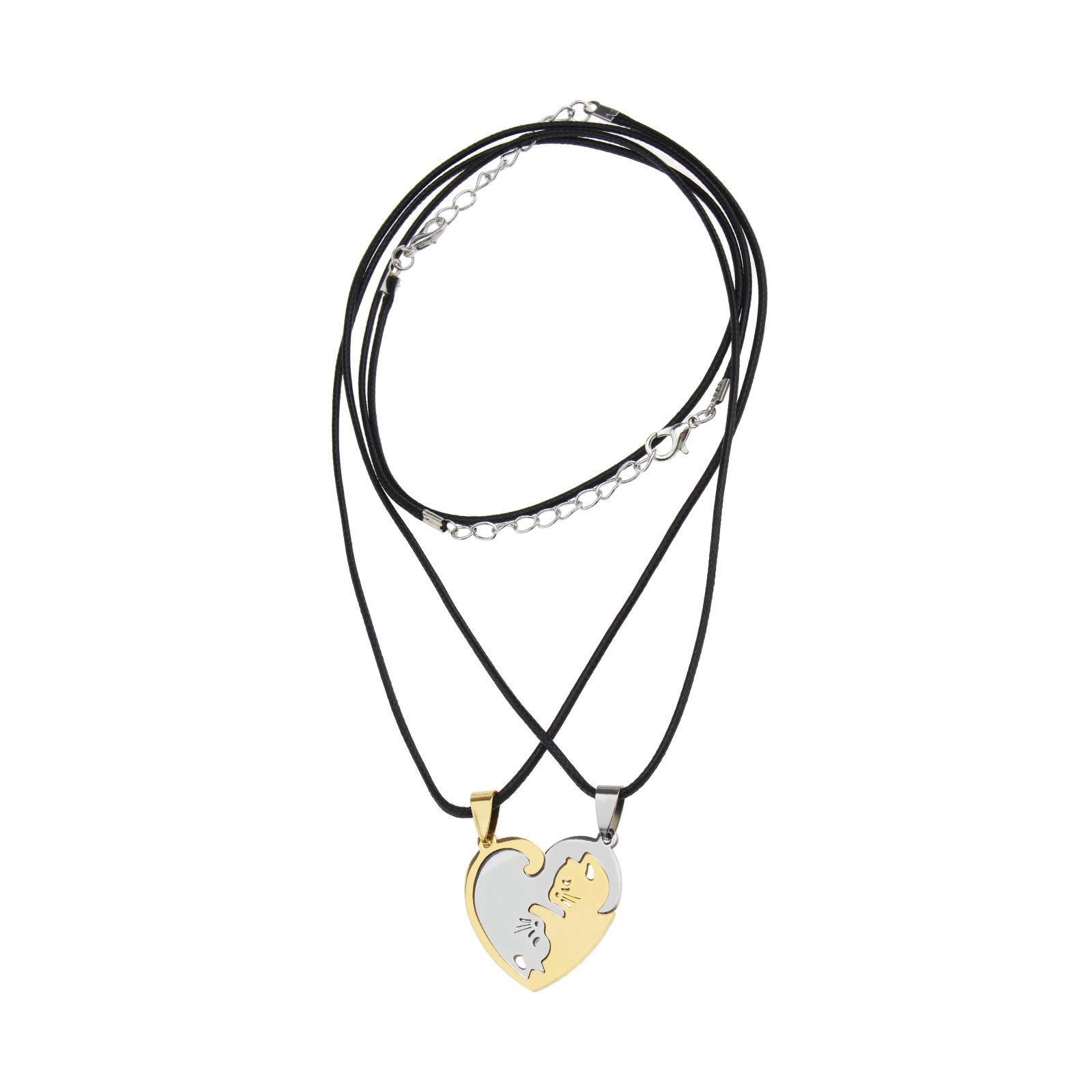 EMSea Pair of Yin Yang Cute Cats Necklace Stainless Steel Heart Shaped Puzzle Pendant for Couple Friendships - Golden & Silver