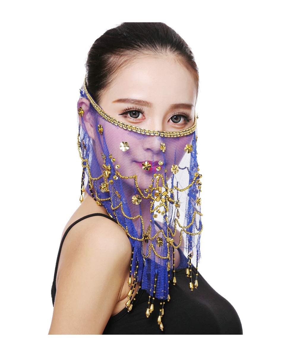 Belly dance half face veil costume with gold beaded clover for women girls Arabian Egyptian dancing (Blue)(Size: One Size)