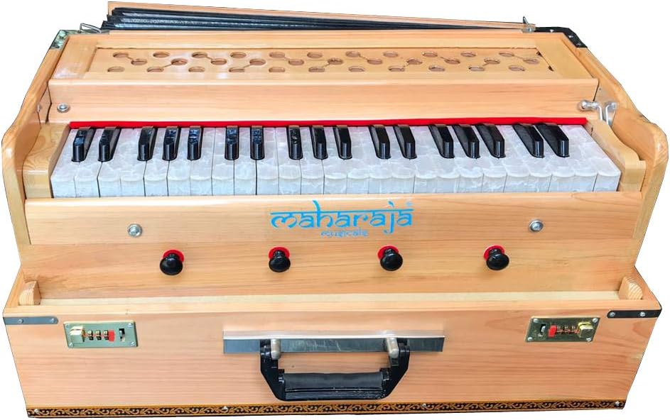 Maharaja Musicals, Folding Harmonium Instrument, In USA, 9 Drones, Natural Color, Safri, 3 1/2 Octave, Coupler, Bag, Tuned To A440, Musical Instrument Indian (PDI-FFJ)