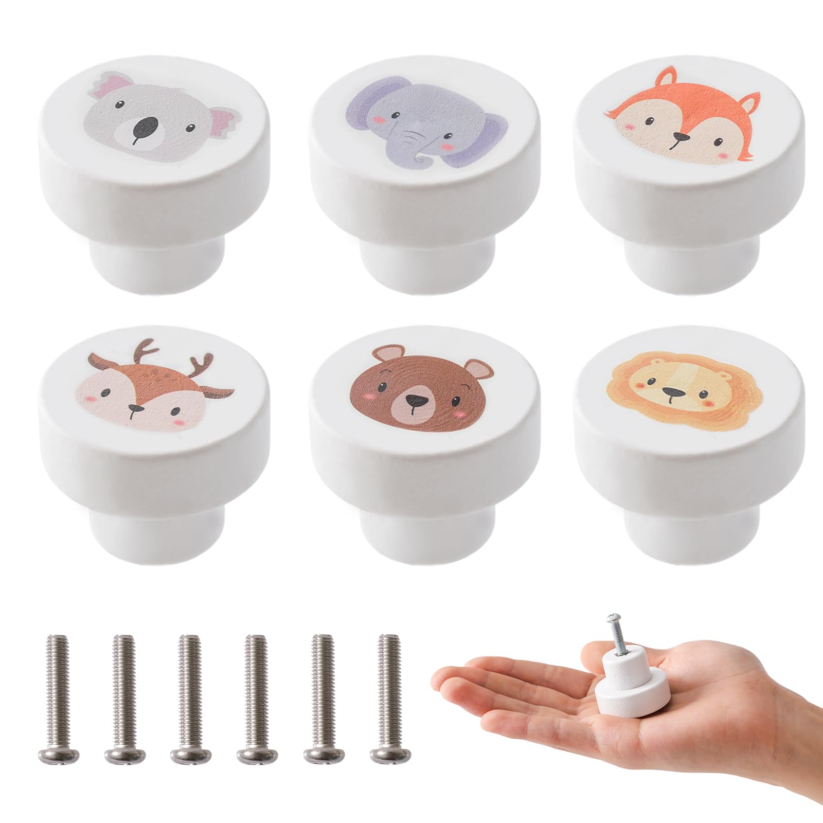 OESSUF 6PCS Wooden Cabinet Knobs with Screws, 35mm Round Furniture Pull Handle for Kids Room, White Wooden Handles for Cabinets for Children's Room — image 1