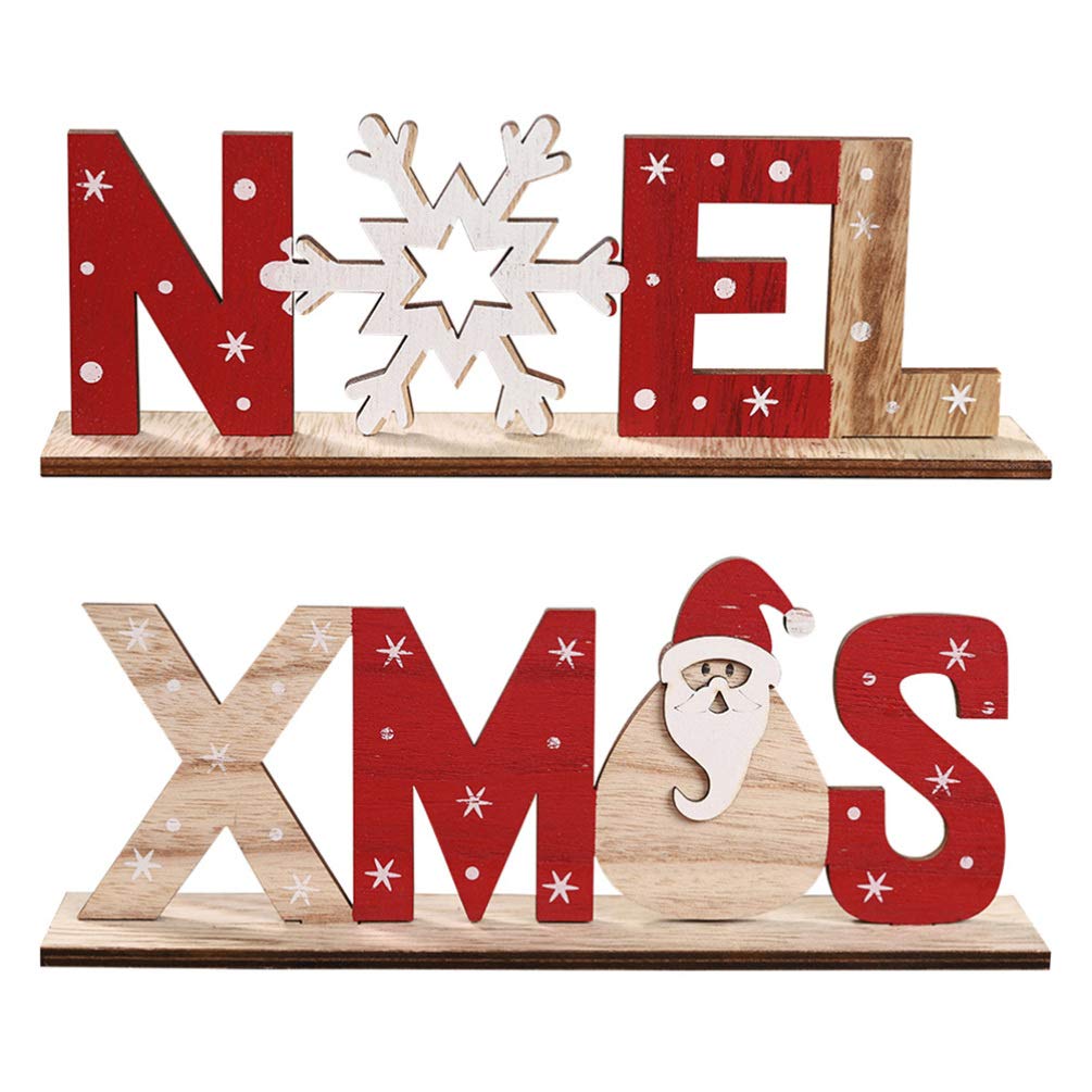 Amosfun Christmas Wood Ornaments Xmas Letters Noel Snowflake Wood Sing Tabletop Decoration for Home Party 2 Pcs