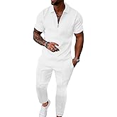 UOUA Mens Sweat Suits Set Tracksuit 2 Piece Outfits Short Sleeve Casual Sweatshirt & Loose Jogging Pants