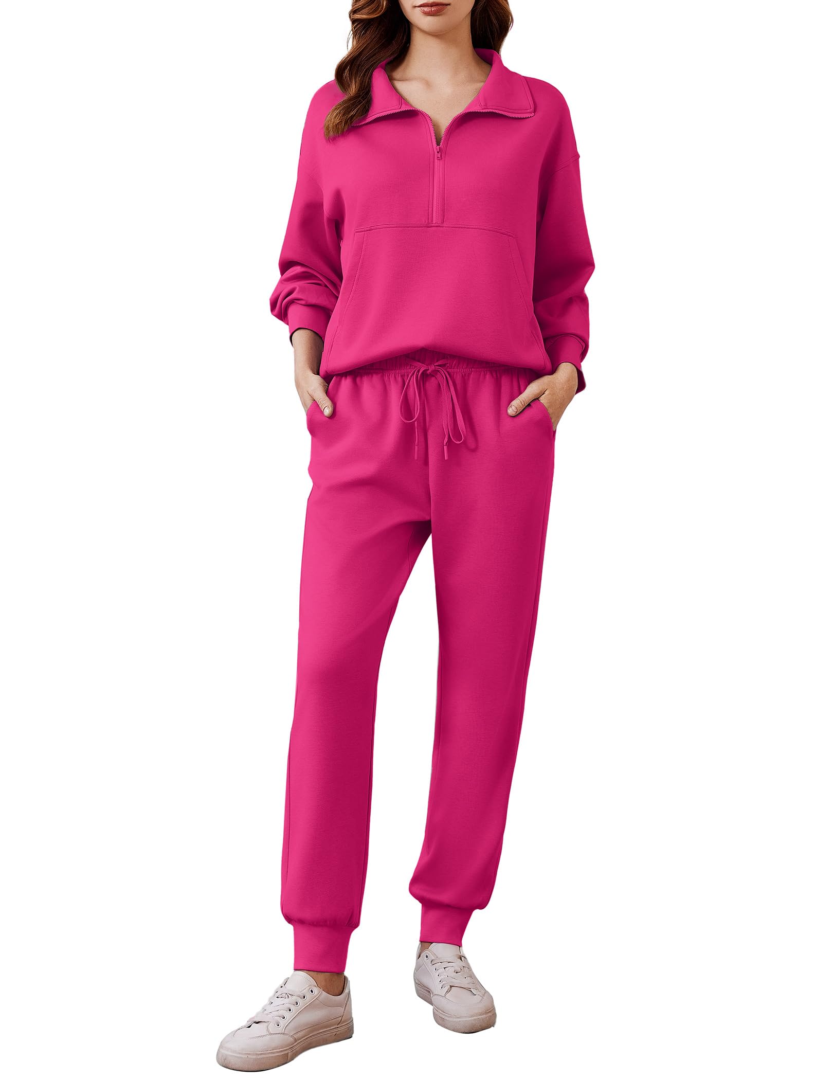 PINSPARK 2 Piece Sets for Women 2025 Fall Travel Outfits Lounge Sets Long Sleeve Half Zip Tracksuit Sweatshirt Jogger Pants with Drawstring,Rose Red Tall Large Image