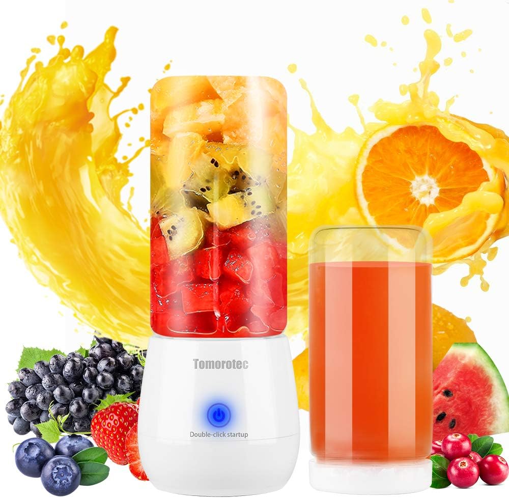 Portable Blender One Bounes Glass Bottle 450ml (15.2 ounce), Tomorotec Rechargeable Personal Travel Blender Juicer Cup for Smoothies, Milk Shake, Fruit Mixer, Waterproof USB Juice Maker (White)