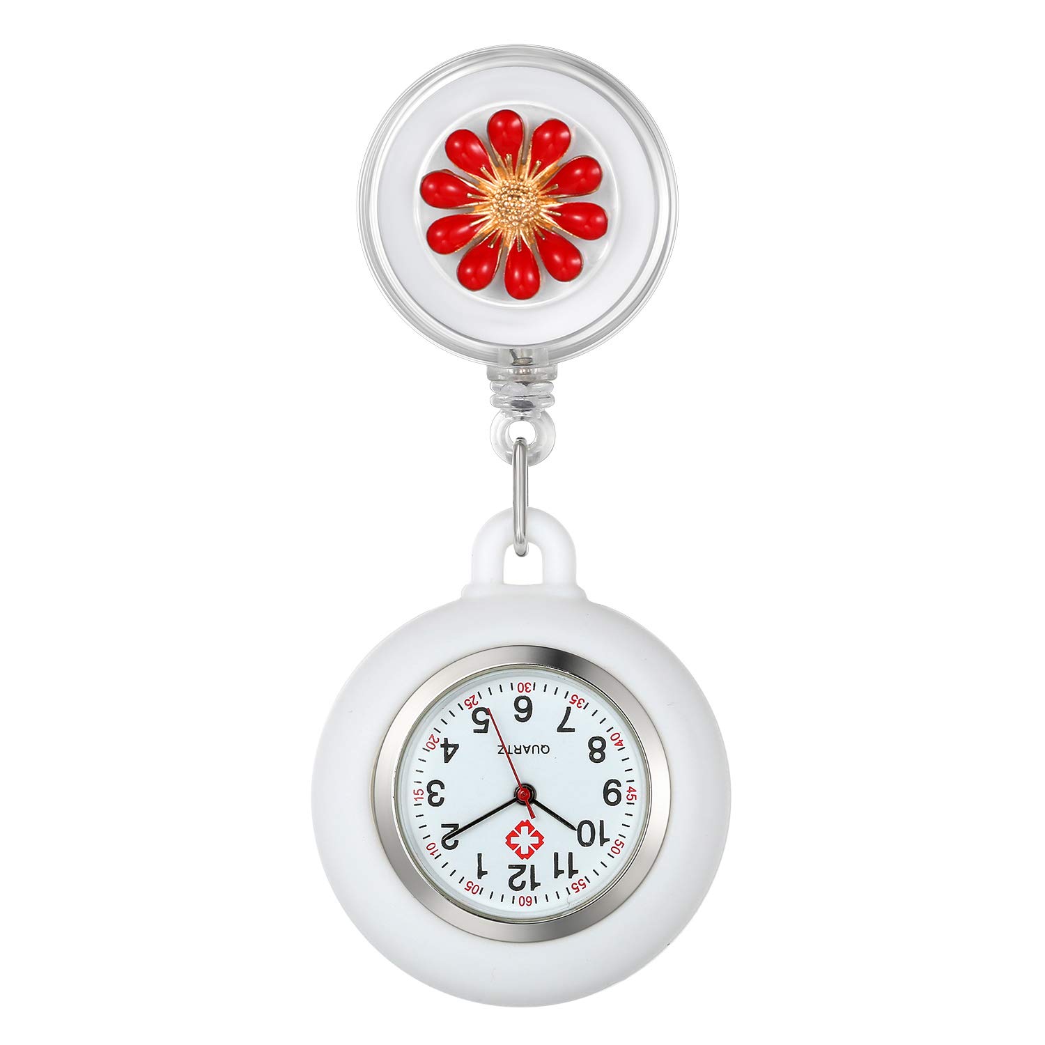 Avaner Retractable Nurse Watches Clip-on Hanging Fob Watches Cute Flower Pattern Lapel Watches for Nurses Doctors with Silicone Cover