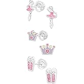 925 Sterling Silver Set of 3 Pairs Ballerina, Pink Crystal Ballet Slippers, Princess tiara Stud Earrings (Nickel Free)