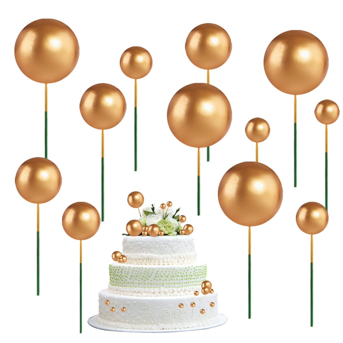 Balloon Cake Toppers Foam Ball Cake Picks 66pcs Mini Round Gold Faux Pearl Balls Cupcake Toppers DIY Cake Insert Topper for Birthday Party Wedding Cake Decoration