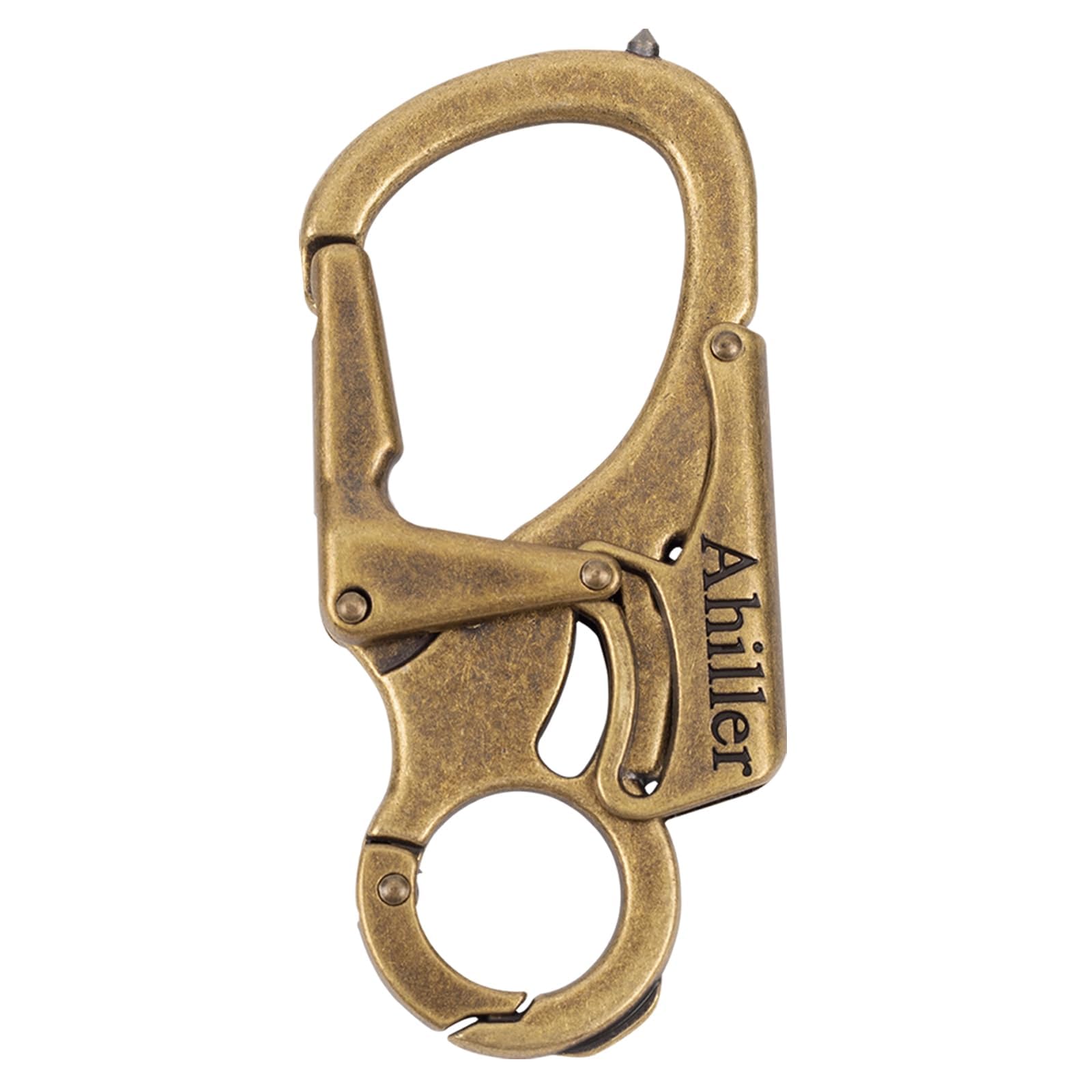 Ahiller Carabiner Keychain Keyring Clip, Cool Double Lock Design - Tungsten Steel Spike - 3" Alloy Car Survival Belt Key Clip for Men Women [Brass-1P]