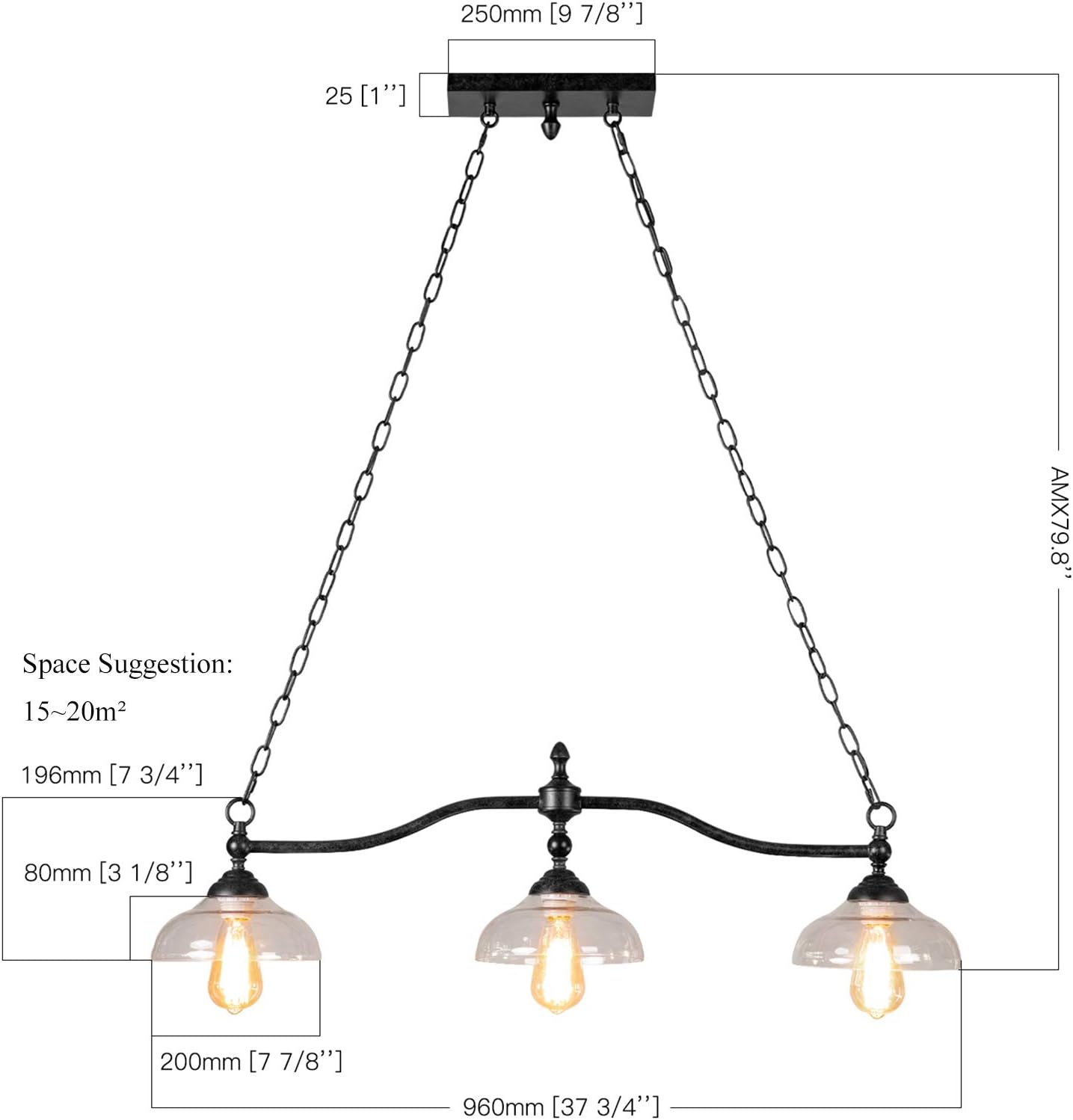 Dining Room Kitchen Island Light Fixture Hanging, Farmhouse Chandelier in Rustic Black Metal with Clear Glass Shades, Adjustable Chains Pendant Light - - 
