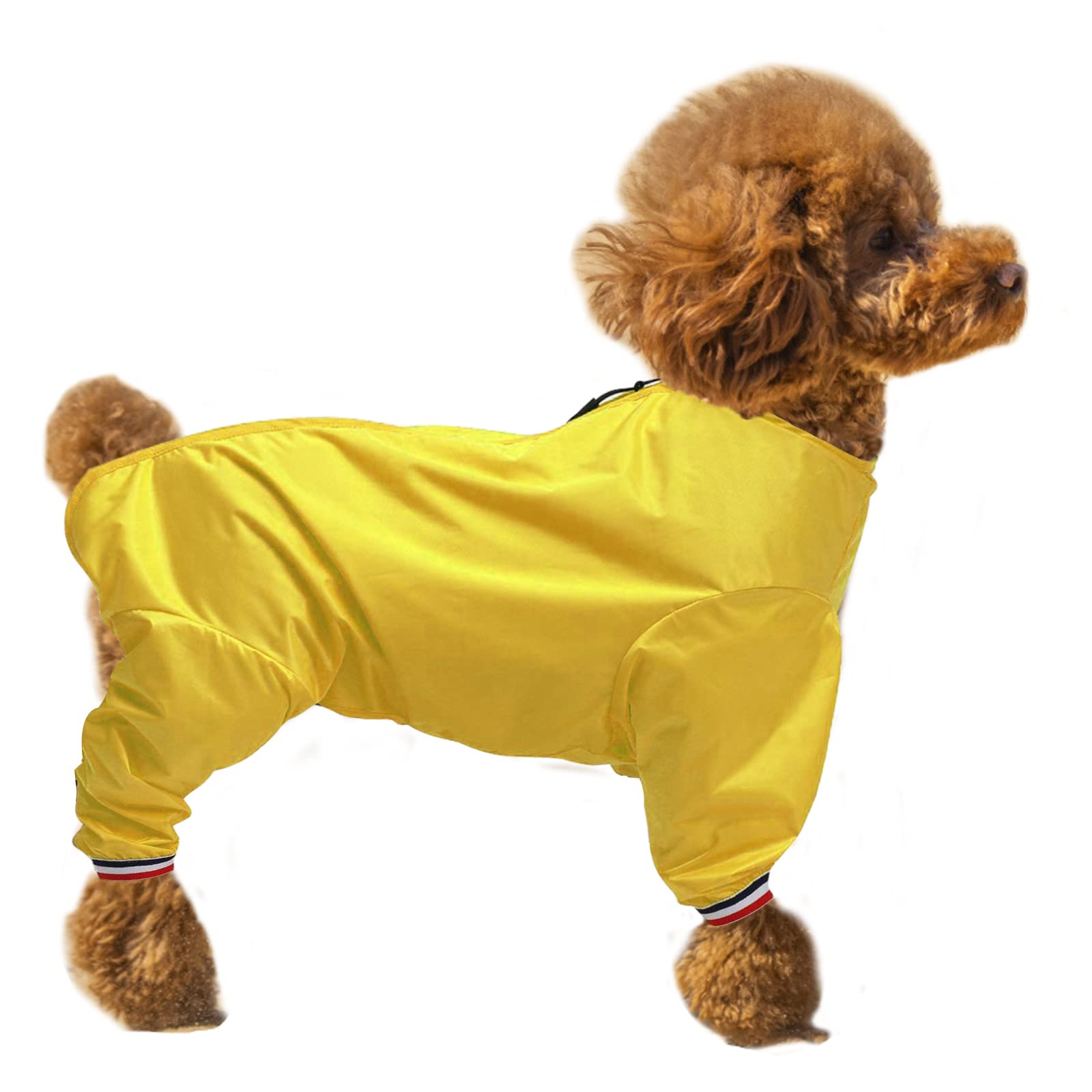 Dog full body raincoat, Dogs coats with legs, lightweight waterproof jacket, zipper closure, puppy jumpsuit with leash hole and reflective strip safety - Yellow - Xsmall