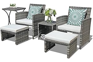 OC Orange-Casual 6 Piece Patio Furniture Conversation Set with Ottoman, Outdoor Grey Wicker Chair and Table Set, Balcony Furniture for Apartments, White