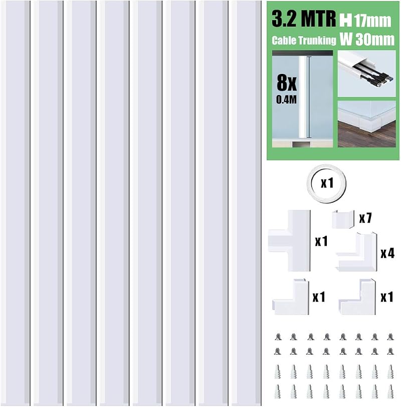 MUDEELA Cable Trunking Kit 3.2m White 8x L400mm W30mm H17mm Concealer