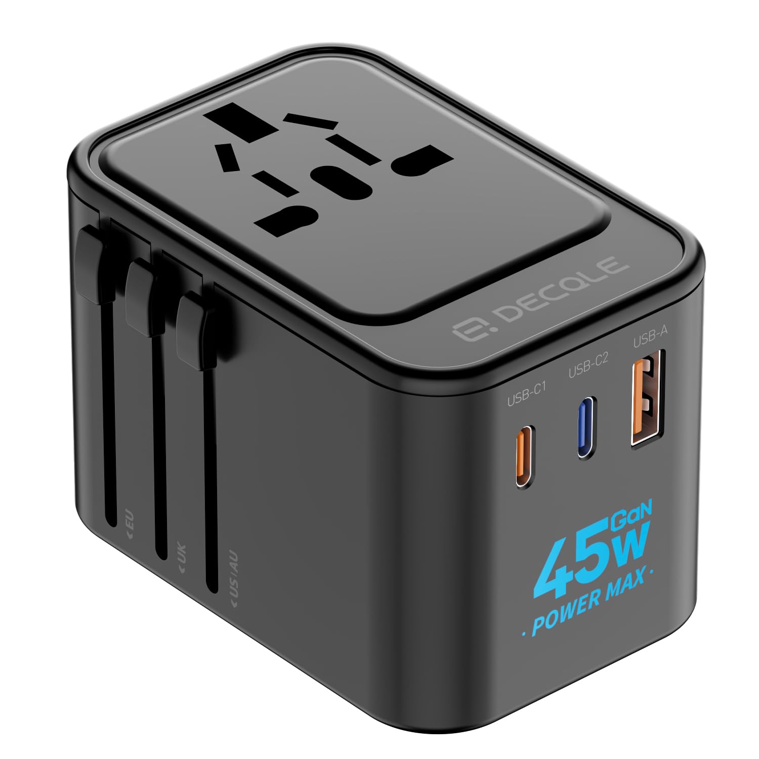 Universal Travel Adapter, International Travel Plug Adapter with 2 USB-C(GaN 45W) ＆ 1 USB-A Ports, All in One Portable for USA, UK, EU, AU ＆ 224+ Countries (Black) UK