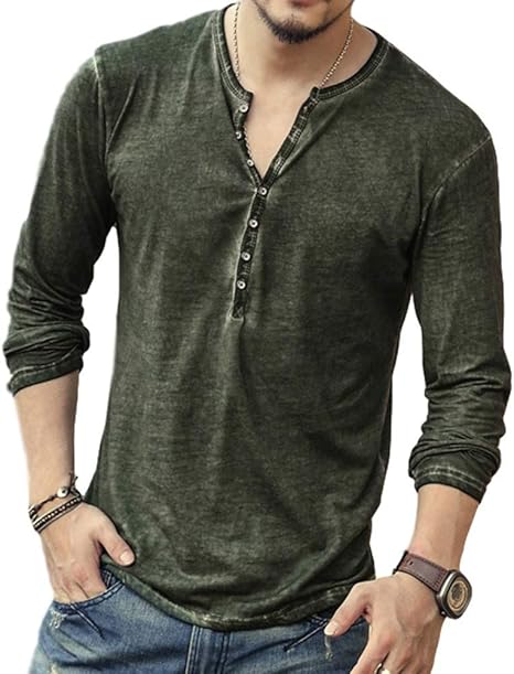 Amazon Tomnana メンズ シャツ ダメージ加工 お洒落 ヘンリーネック 長袖 ボタン付き かっこいい カットソー Vネック 春 秋 冬 無地 メンズファッション Tシャツ カットソー 通販