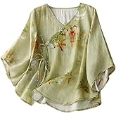 Women Summer 3/4 Sleeve Chinese Blouse Top Traditional Mandarin Collar Ethnic Cotton Linen Qipao Shirt