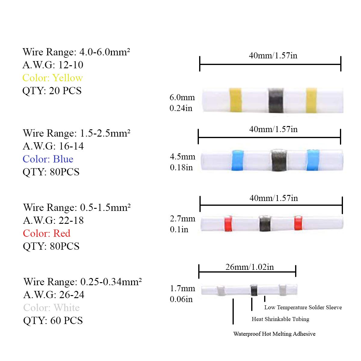 240PCS Solder Seal Wire Connectors, SA Designs Heat Shrink Butt Connectors Terminals Electrical Wire Connectors Insulated Waterproof Marine Automotive Copper Connectors Kits