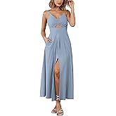 BTFBM Women 2026 Spaghetti Strap Midi Summer Dresses Sleeveless V Neck Cutout Slit Casual Beach Party Maxi Dress Pockets
