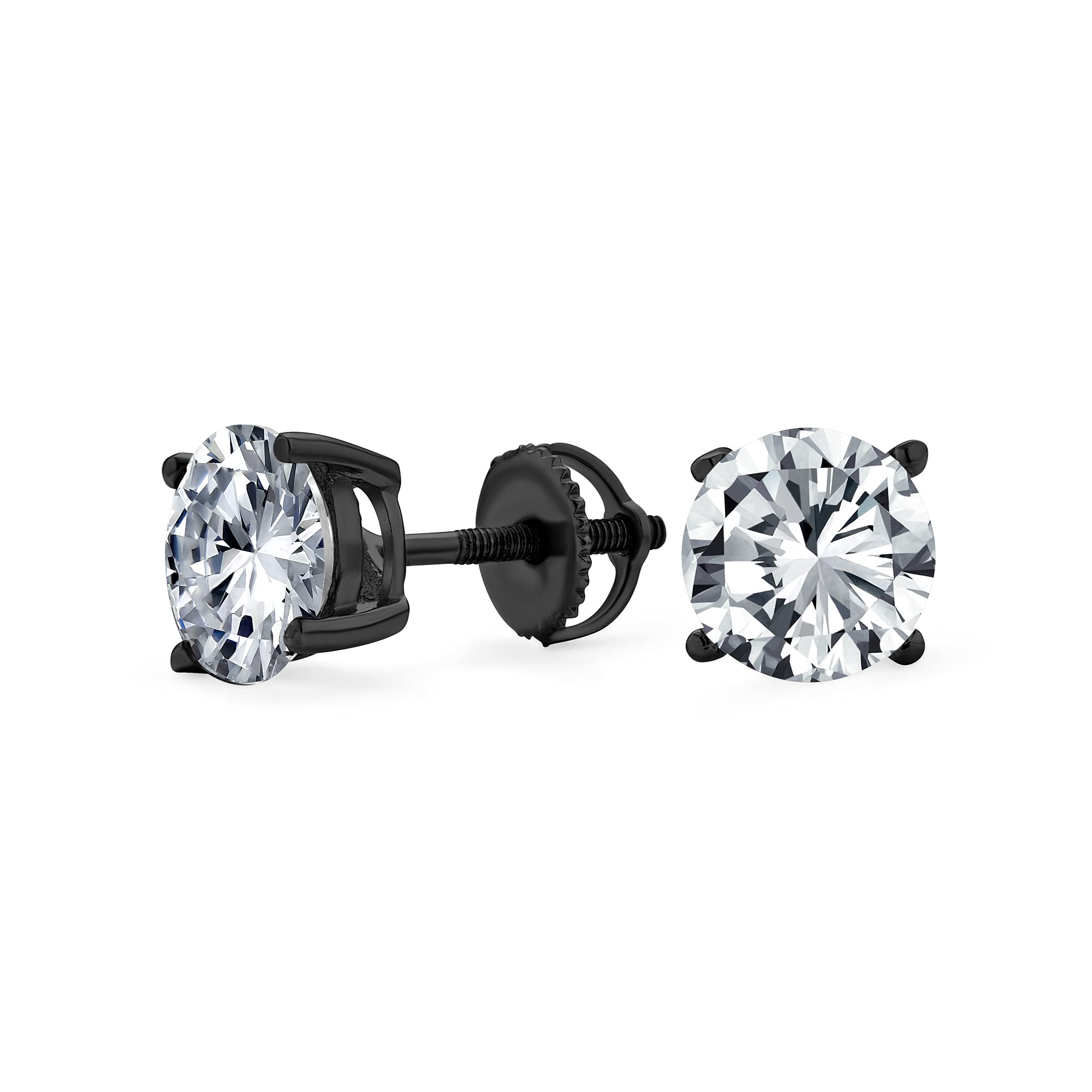 Round Cubic Zirconia Brilliant Cut AAA CZ Solitaire Stud Earrings For Women Men Black Plated .925 Sterling Silver Screw back 6MM