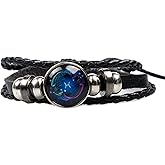 Yukymui 12 Constellation Black Leather Bracelet Punk Multilayer Braided Rope Zodiac Bracelet Handmade Woven Zodiac Sign Wrap Bracelet for Women Men Matching Couple Keepsake