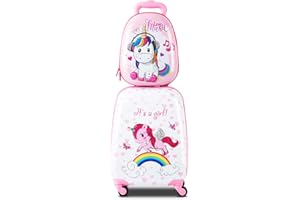 HONEY JOY Kids Luggage, 12” Travel Backpack & 16” Hard Shell Toddler Suitcase, Children Rolling Luggage w/Wheels, Retractable