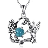 7MM Round Genuine Turquoise Hummingbird Necklace 925 Sterling Silver Vintage Oxidized Hummingbird with Turquoise Necklace with 18+2 Inch Chain