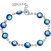 Edforce Stainless Steel Women's Charm Bracelet Green | Gold Enamel Evil Eye Protection Link Chain Adjustable, 8" (Aqua, Silver-and-Stainless-Steel)