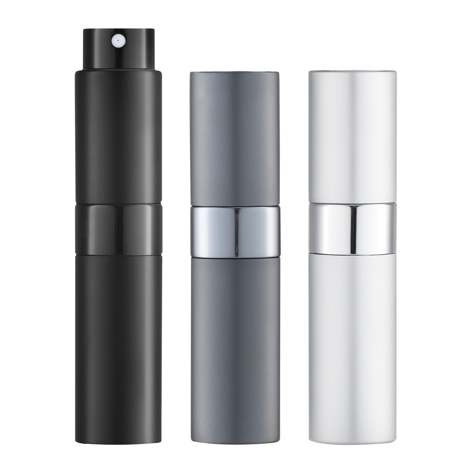 Photo 1 of LISAPACK 8ML Atomizer Perfume Spray Bottle for Travel (3 PCS) Empty Cologne Dispenser, Portable Sprayer (Black, Silver, Grey)