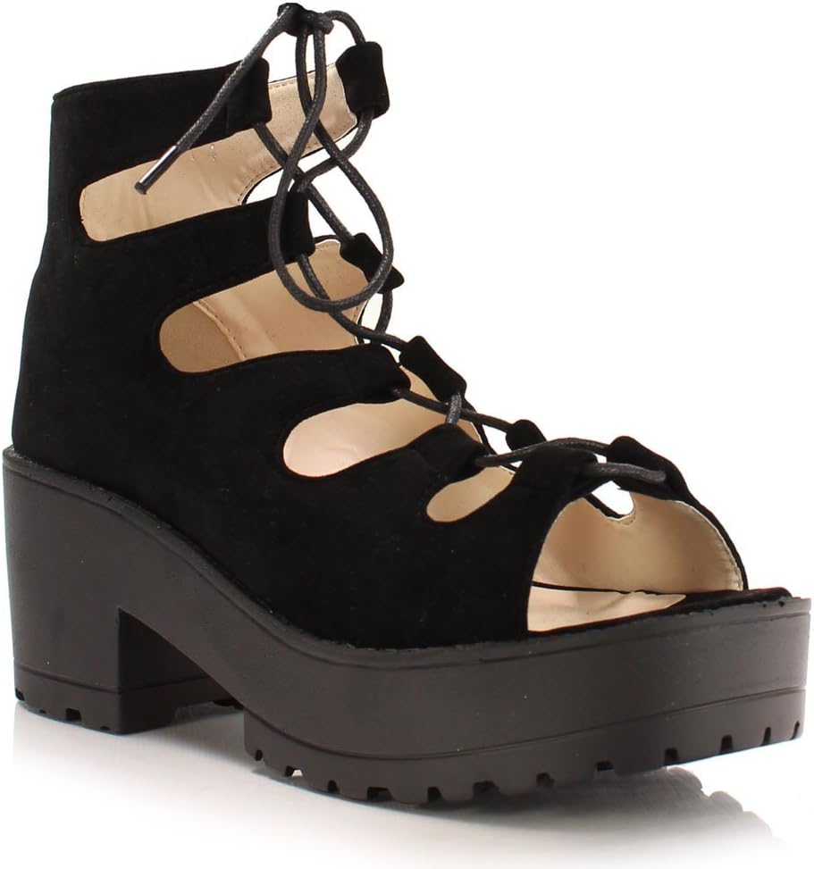 Sole Affair Riley Ladies Womens Chunky Cleated Platform Sole Block Heel Lace Up Ankle Boots Shoes Size UK 4, EU 37, US 6 Black Faux Suede
