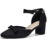 Coutgo Womens Chunky Low Heels Bow Closed Toe Ankle Strap Pumps Elegant Wedding Party Dress Shoes
