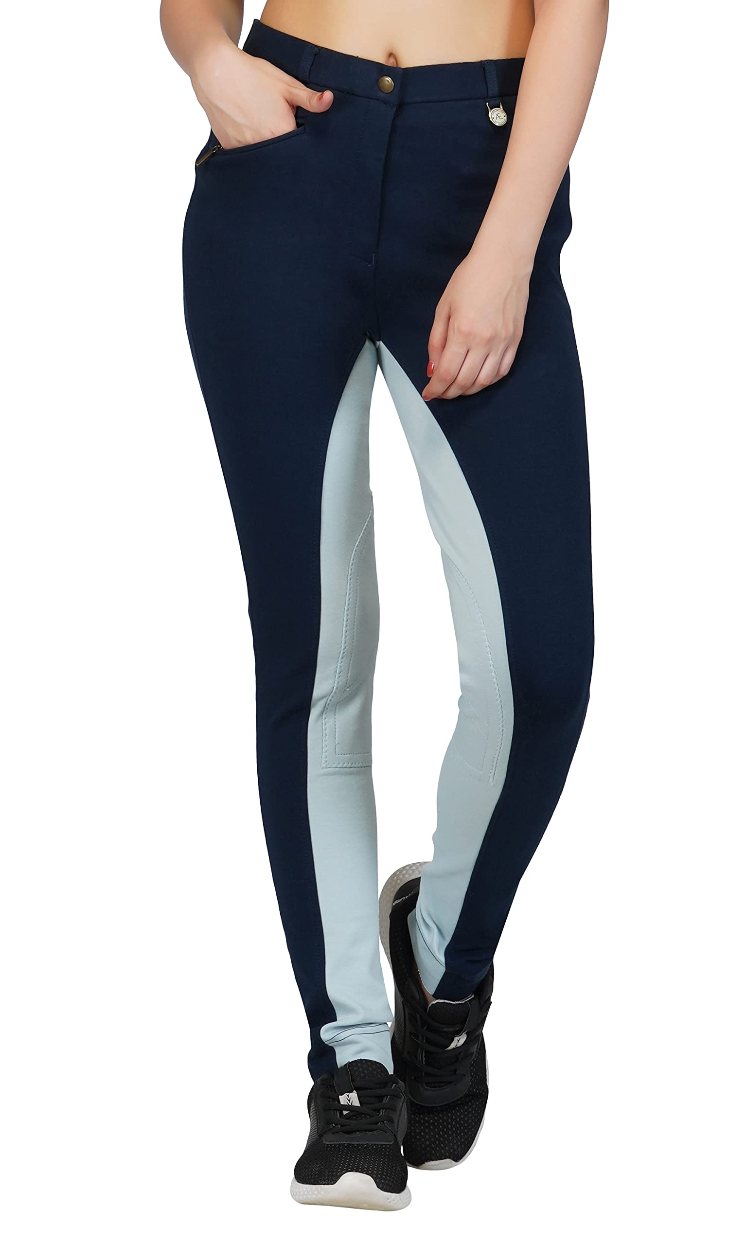 Avon Equine Cotton Lycra Childrens Horse Riding Jodhpurs for Girls Two Tone Soft Stretchy Soft Junior Child Knee Patch Equestrian Jodhpurs Jod (Navy/Baby Blue, 32)