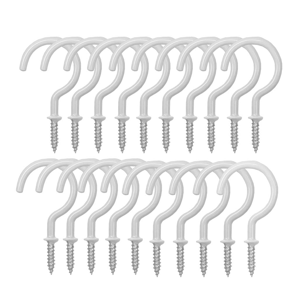 Ceiling Hooks Screw Hooks ，Bulk Hardware Plastic Coated Shouldered Mug Cup Hooks for Indoor and Outdoor Use -White（20 Pack）