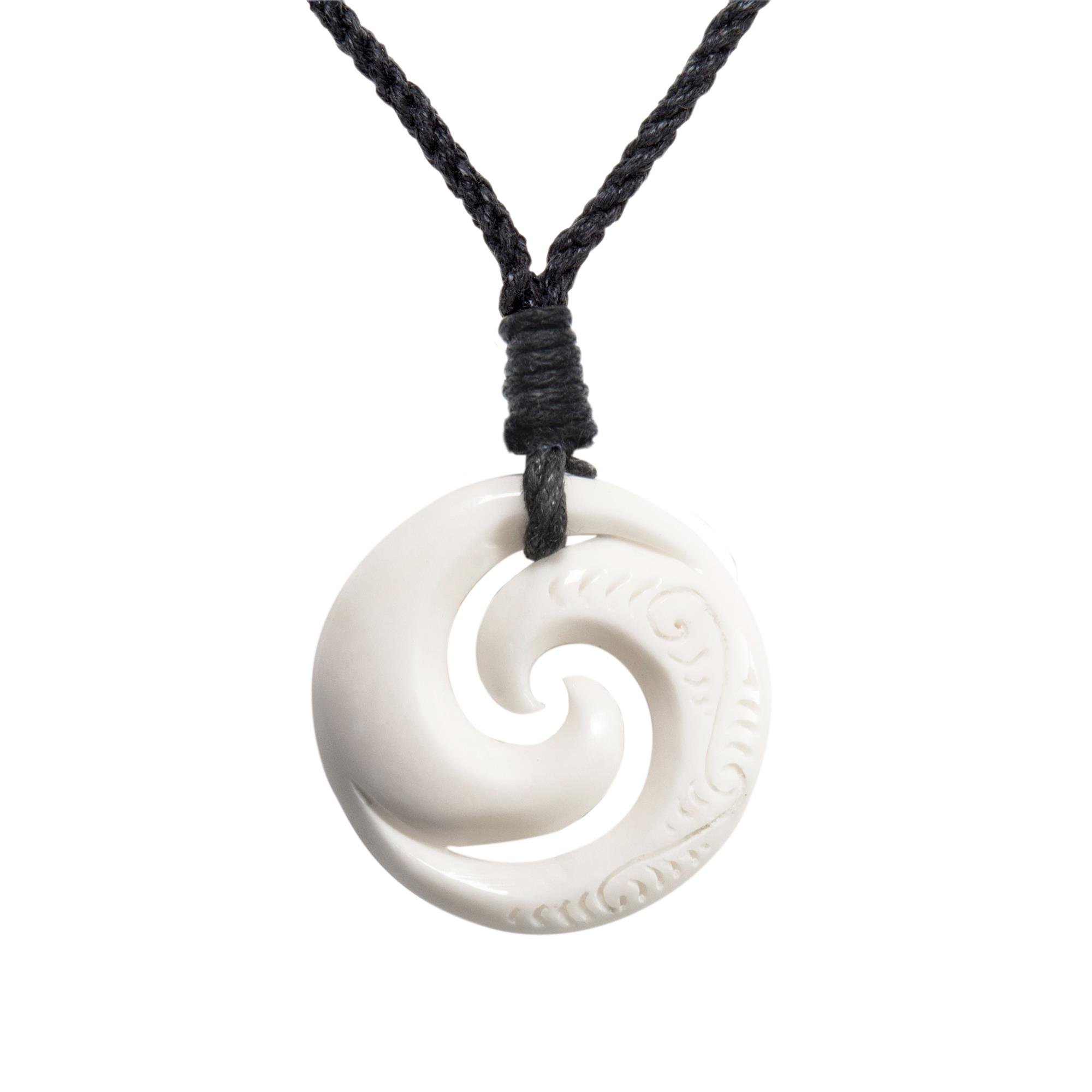 81stgeneration Double Koru Men's Bone Necklace with Engravings - Hand Carved Bone Pendant - Maori Style Accessory - Round Spiral Surfer Necklaces - Hawaiian Necklace for Women - Natural Jewellery